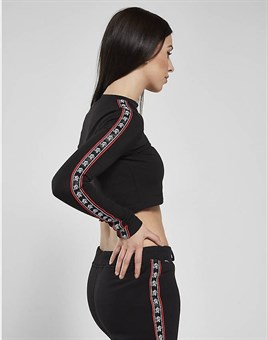 Omuzları Şeritli Crop Sweat-Siyah
