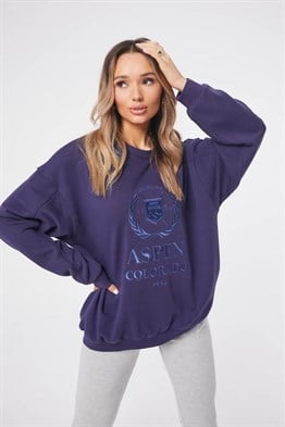 Önü Çelenk Nakışlı  Sweat-Lacivert