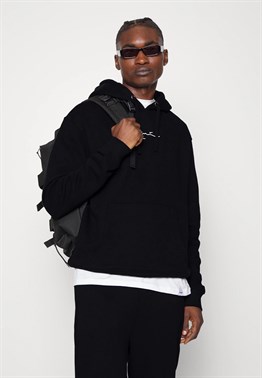 Önü Küçük Logolu Oversize Kapşonlu Sweat-Siyah