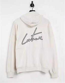 Önü Plastik Etiketli Arkası Nakışlı Kapişonlu  Sweat-Kirli Beyaz