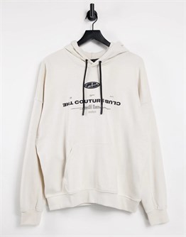 Önü Plastik Etiketli Arkası Nakışlı Kapişonlu  Sweat-Kirli Beyaz