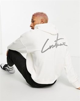 Önü Plastik Etiketli Arkası Nakışlı Kapişonlu  Sweat-Kirli Beyaz