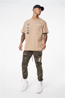 Önü ve Arkası Baskılı  T shirt-Bej