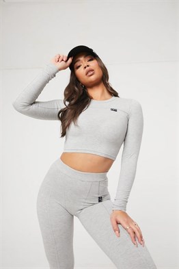 Overlok Detaylı Crop Fitness Sweat-Gri