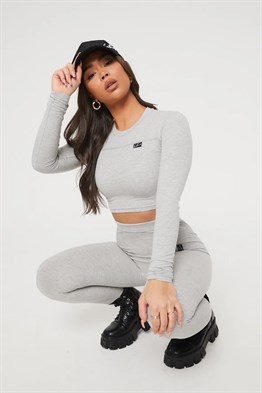 Overlok Detaylı Crop Fitness Sweat-Gri