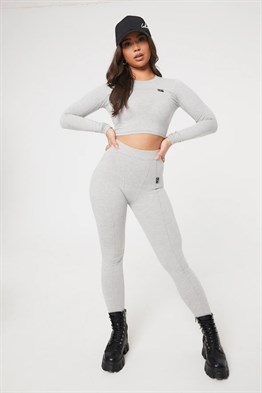 Overlok Detaylı Crop Fitness Sweat-Gri