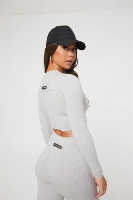 Overlok Detaylı Crop Fitness Sweat-Gri