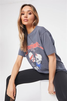 Oversize   Kurukafa Baskılı T shirt-İndigo Mavi