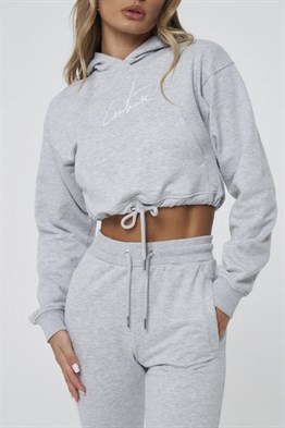 Oversize  Arkası Nakışlı Kapişonlu  Sweat-Gri