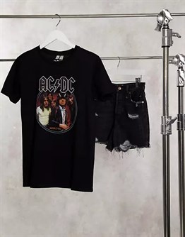 oVERSİZE Ac Dc Baskılı  T shirt-Siyah