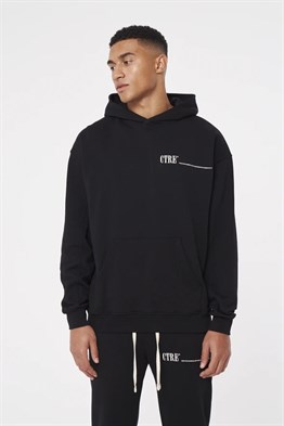 Oversize Arkası Nakışlı Kapişonlu  Sweat-Siyah