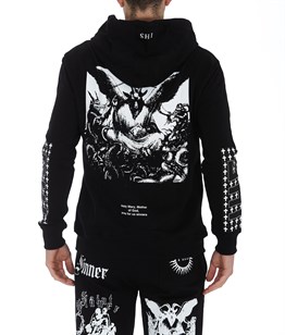 Oversize Baskılı  Sweat Hoodie-Beyaz