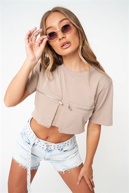 Oversize Cebi Fermuarlı  Crop T shirt-Bej