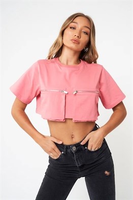 Oversize Cebi Fermuarlı  Crop T shirt-Yavruagzı