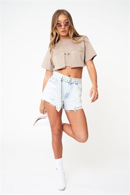 Oversize Cebi Fermuarlı  Crop T shirt-Bej