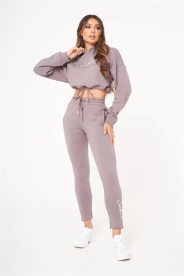 Oversize Cepli Kapişonlu Kısa Crop Sweat-Mor