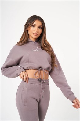 Oversize Cepli Kapişonlu Kısa Crop Sweat-Mor