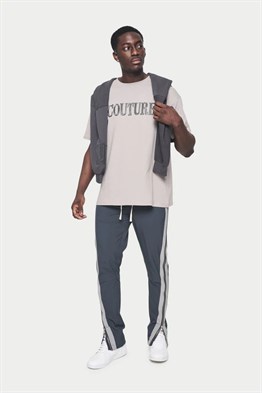 Oversize Deri Baskılı T shirt-Bej