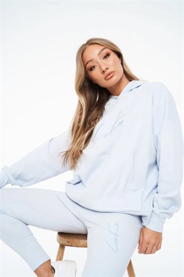 Oversize Fitilli  Kapişonlu  Sweat-Mavi Açık