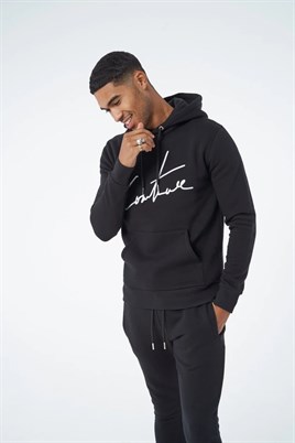 Göğüsü İmza Nakışlı Kapişonlu Sweat-Siyah