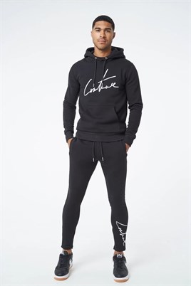 Göğüsü İmza Nakışlı Kapişonlu Sweat-Siyah