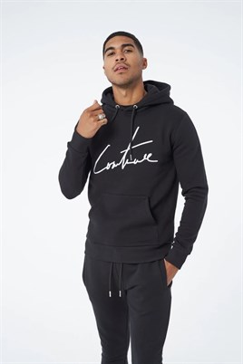 Göğüsü İmza Nakışlı Kapişonlu Sweat-Siyah
