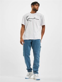 Oversize İmza Dikey İmza Cizgili T shirt-Beyaz