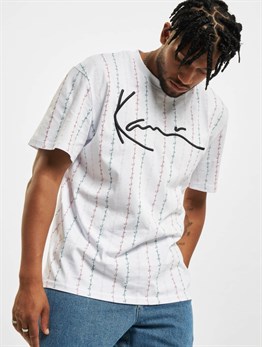 Oversize İmza Dikey İmza Cizgili T shirt-Beyaz