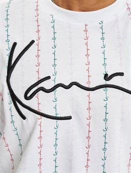 Oversize İmza Dikey İmza Cizgili T shirt-Beyaz