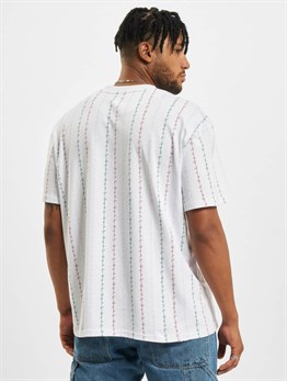 Oversize İmza Dikey İmza Cizgili T shirt-Beyaz