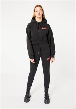 Oversize İmza Nakışlı Kısa Crop Sweat-Siyah-Kaplama