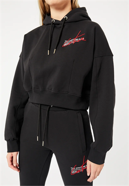 Oversize İmza Nakışlı Kısa Crop Sweat-Siyah-Kaplama