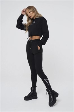 Oversize İmza Nakışlı logolu  Kısa Crop Sweat-Siyah