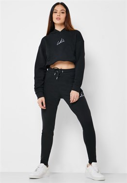 Oversize İmza Nakışlı logolu  Kısa Crop Sweat-Siyah