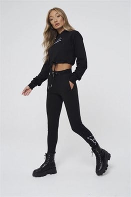 Oversize İmza Nakışlı logolu  Kısa Crop Sweat-Siyah