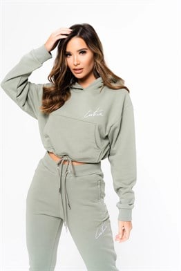 Oversize İmza Nakışlı logolu  Kısa Crop Sweat-Haki