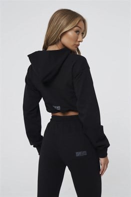 Oversize İmza Nakışlı logolu  Kısa Crop Sweat-Siyah