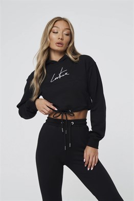 Oversize İmza Nakışlı logolu  Kısa Crop Sweat-Siyah