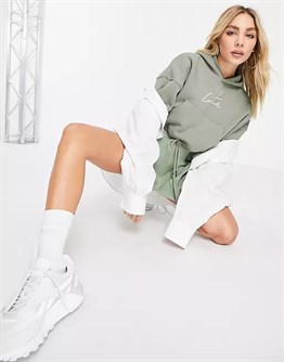 Oversize İmza Nakışlı logolu  Kısa Crop Sweat-Haki