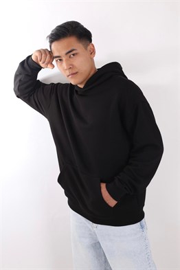 Oversize Kapşonlu Basic Sweat-Siyah