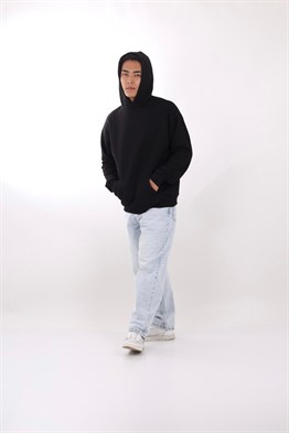 Oversize Kapşonlu Basic Sweat-Siyah