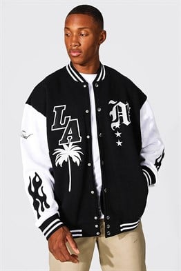 Oversize  Penye Çıtçıtlı  College Bomber Mont Sweat-Siyah