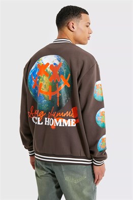 Oversize  Penye Çıtçıtlı  College Bomber Mont Sweat-Kahve
