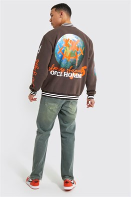 Oversize  Penye Çıtçıtlı  College Bomber Mont Sweat-Kahve