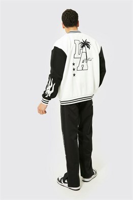 Oversize  Penye Çıtçıtlı  L A  Bomber Mont Sweat-Beyaz