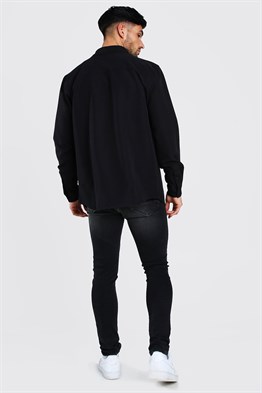 Oversize Strech Cepli Gömlek-Siyah