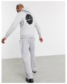 Oversize Unisex Arkası Yuvarlak Baskı Kapişonlu Sweat-Gri