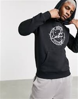 Oversize Unisex Önü  Yuvarlak Baskı Kapişonlu Sweat-Siyah