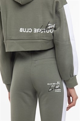 OversizeYazılı Şeritli  Kısa Crop Sweat-Haki