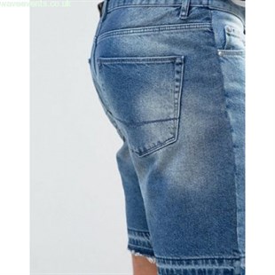 Paçası Açık Taşlamalı Jean Şort-Mavi